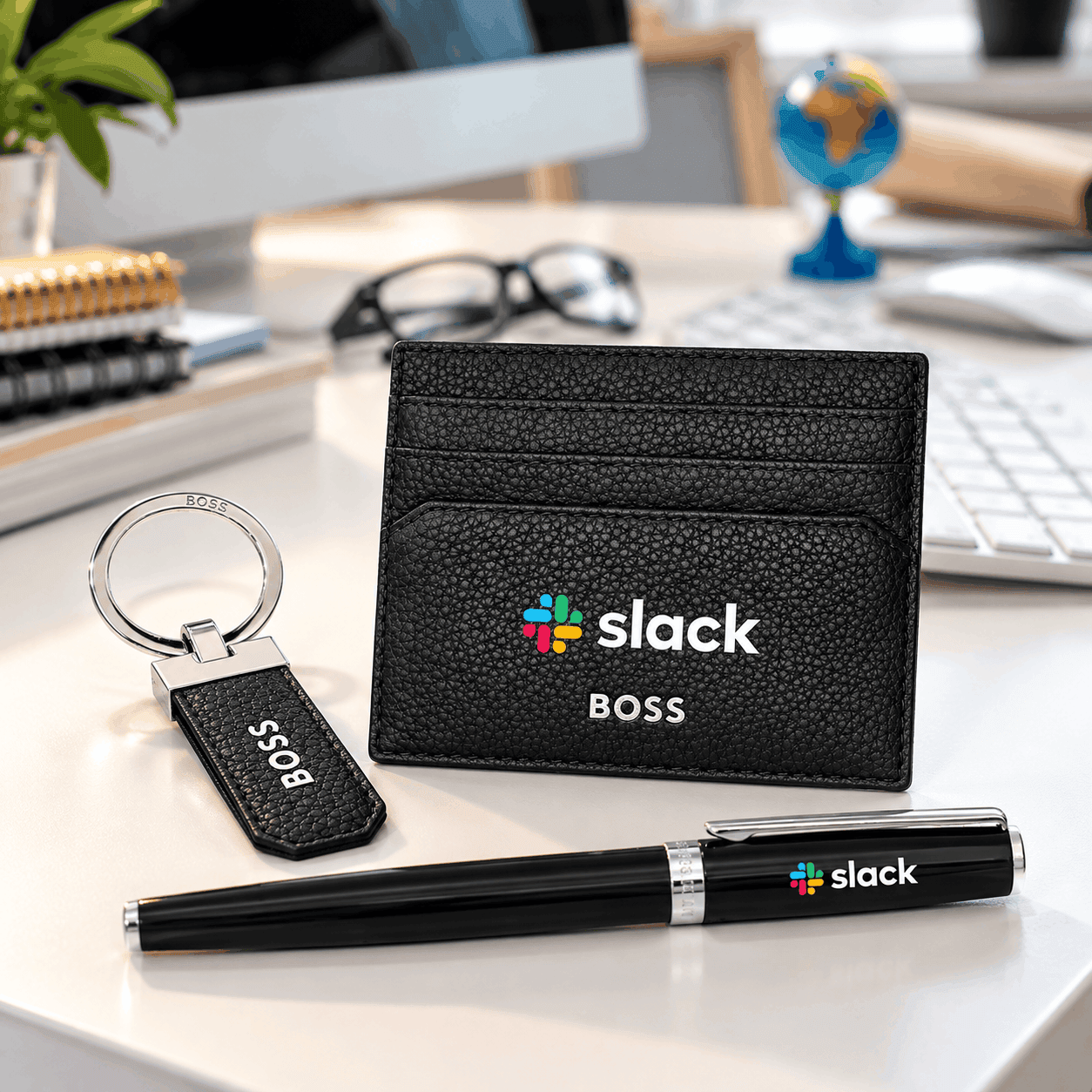 Black Hugo Boss gift set featuring a leather card holder, matching key ring, and rollerball pen with custom Slack logos, displayed on an office desk.