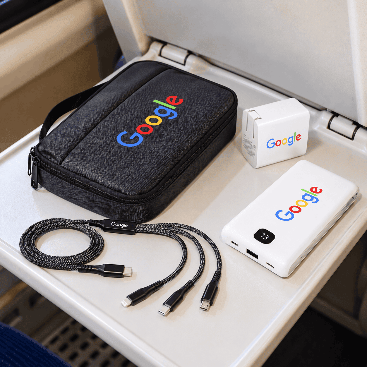 Custom Google-branded travel charging kit featuring a black zippered carrying case, white power bank, wall adapter, and multi-device charging cable on an airplane tray table.