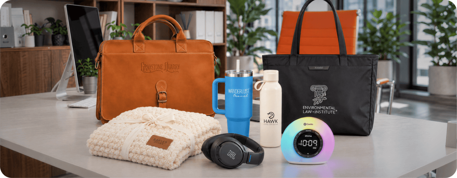 Collection of custom branded promotional products on an office desk.