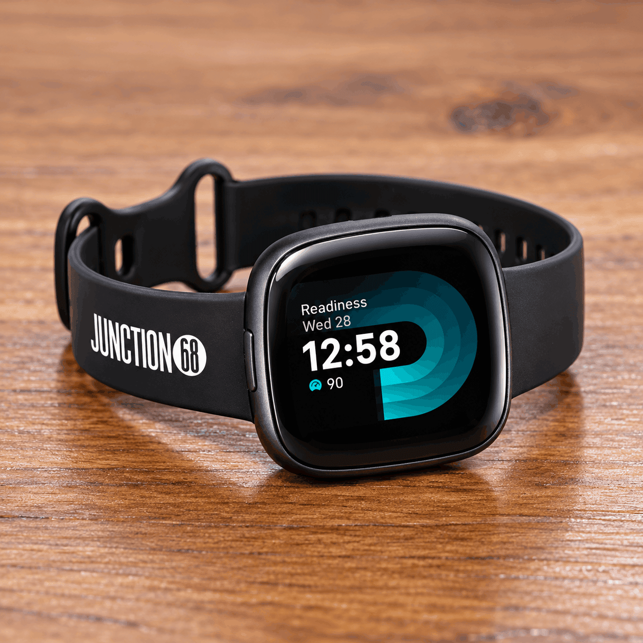 Black Fitbit Versa 4 fitness smartwatch with a custom Junction 68 logo on the wristband, displaying the time and fitness metrics on a wooden surface.